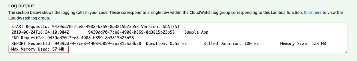 AWS Lambda memory consumption log output
