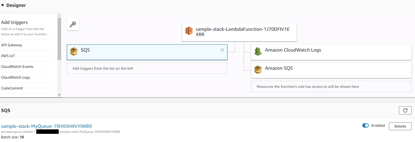 Lambda Console with SQS trigger